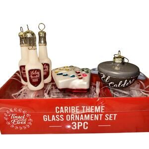 3 NEW Coquito Dominoes Caldero Hispanic Cuban Glass Ornament cafecito Dominican
